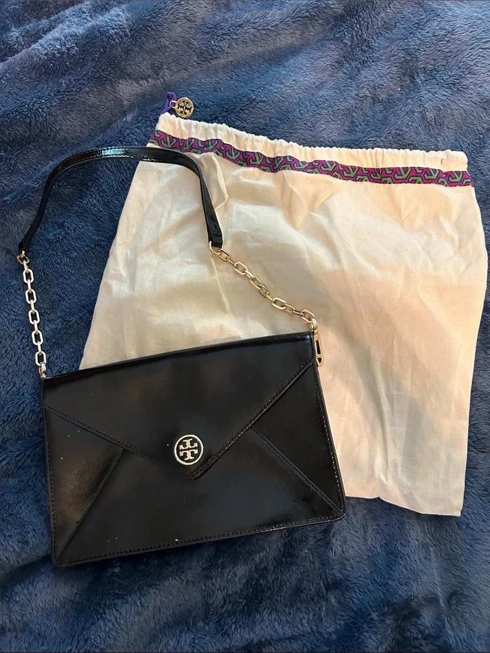 Tory Burch Black Leather Envelope Shoulder Bag with Gold Logo